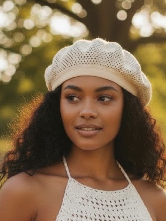 Accessories - •Boho Babe• Cream Mesh Beret Hat | Summer Knit Lightweight Boho Beach Cap